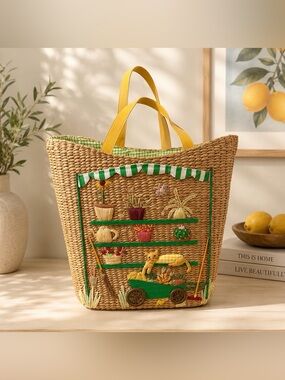 Embroidered Straw Tote with Green & Yellow Accents